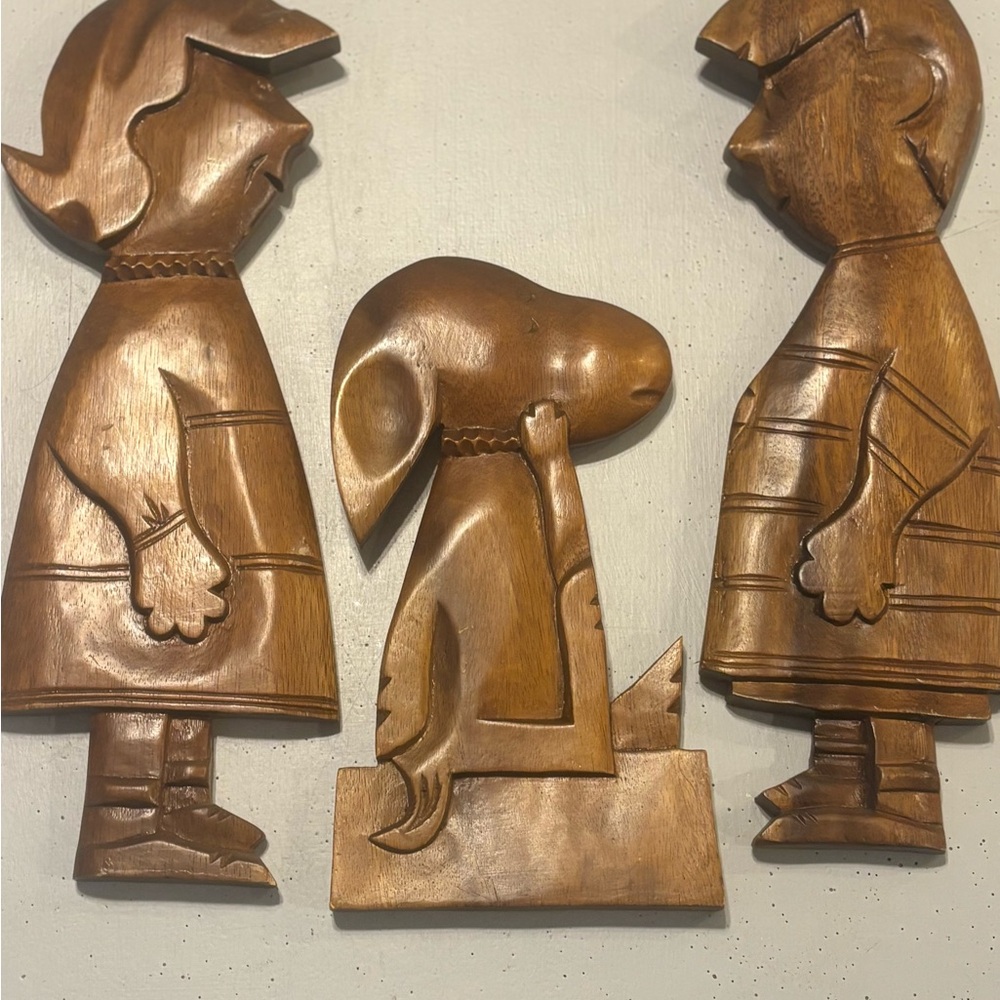 Set Of 3 Vintage Peanuts Characters Carved Monkey Pod Wood